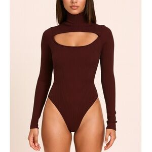 LA LUX dark brown ribbed keyhole chest body suit crotch snap long sleeve SZ SM